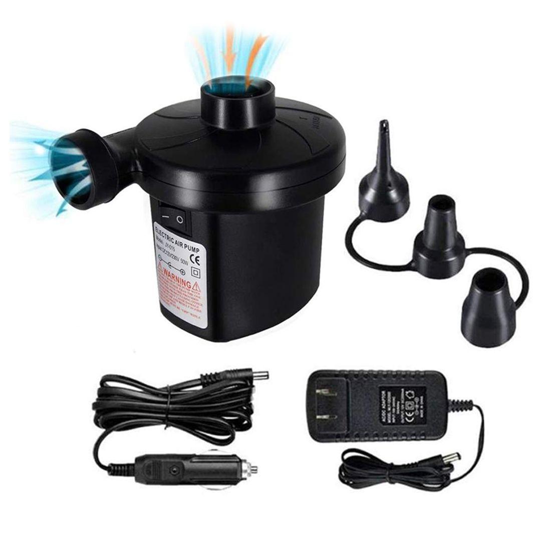 Portable Electric Air Pump, 100-240V AC/12V DC Electric Air Pump, Quick-Fill Inflator/ Deflator with 3 Nozzles