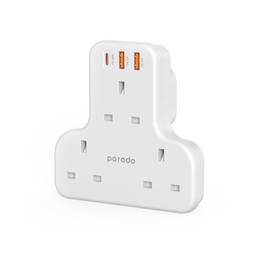 Porodo PD-FWCH006-WH Multiport Wall Socket 3250W with 3 AC 2 USB-A QC3.0 And One USB-C PD 20W