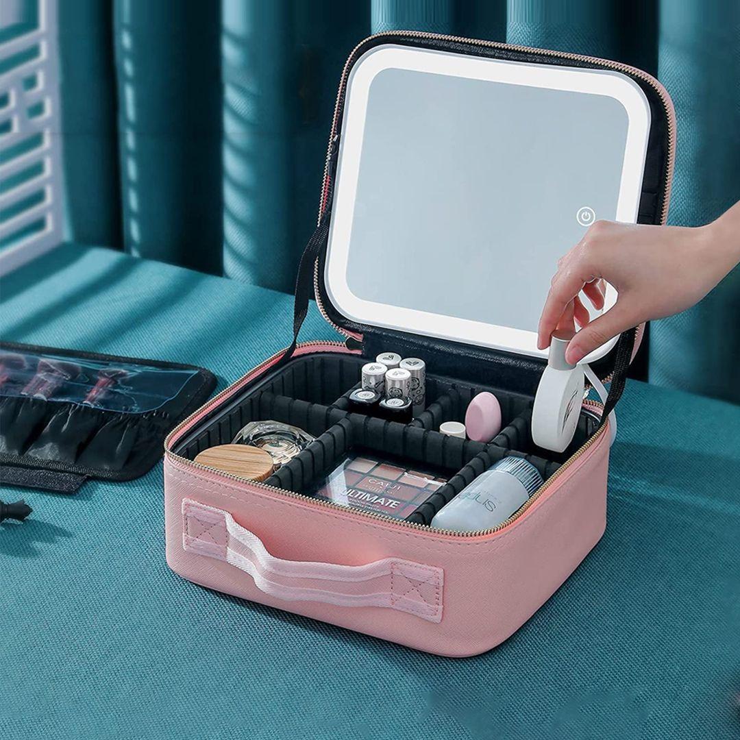 Makeup Travel Case with Mirror LED Light 3 Adjustable Brightness Cosmetic Bag Portable Adjustable Partition Waterproof Makeup Bag