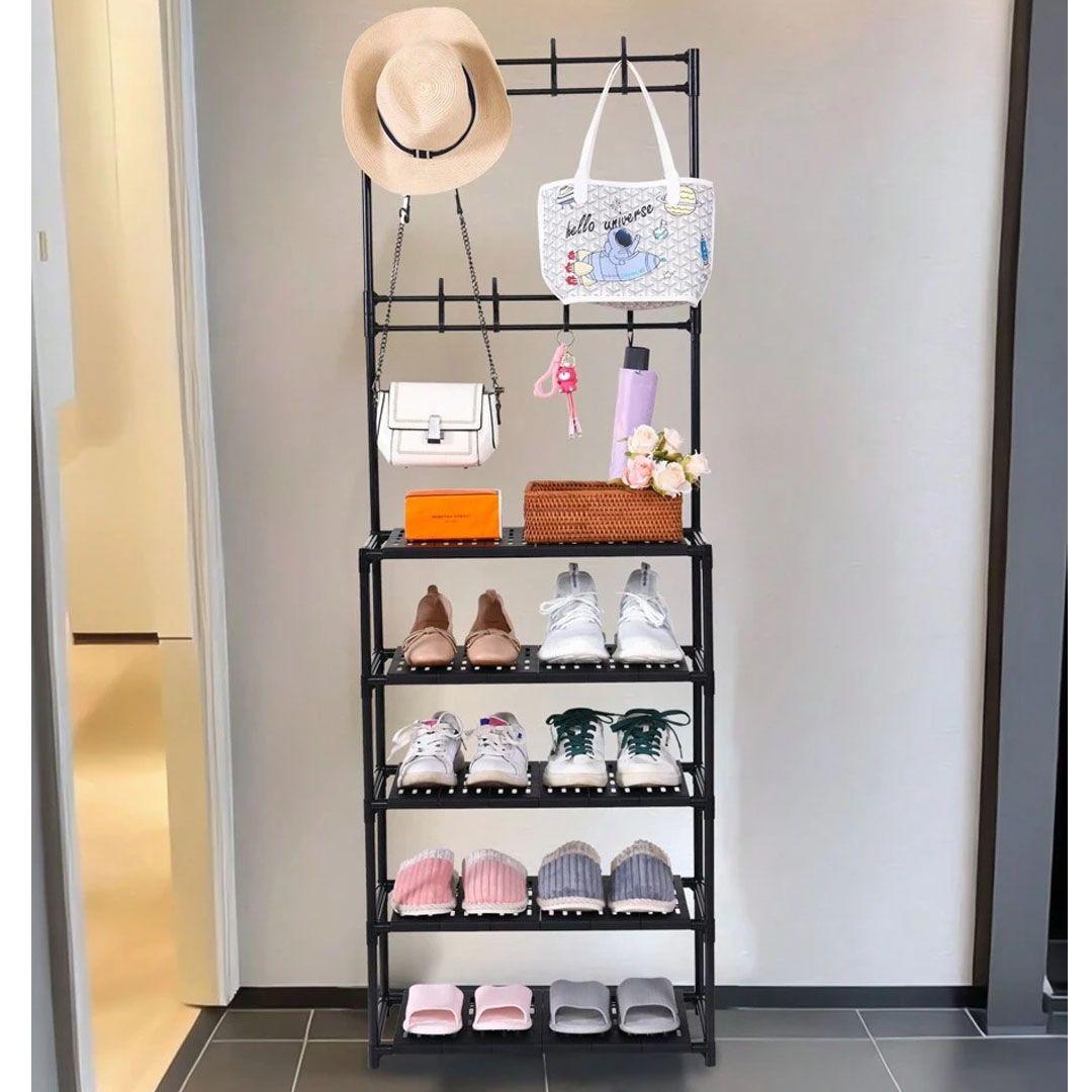 Multifunctional Shoe Organizer Rack with 5 Shelves and 8 Hooks