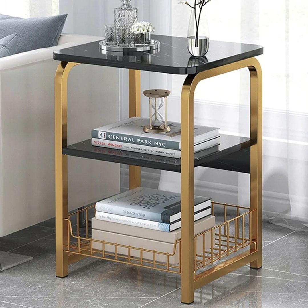 Modern Side Table with Two Shelves and Basket with a Sturdy Metal Frame