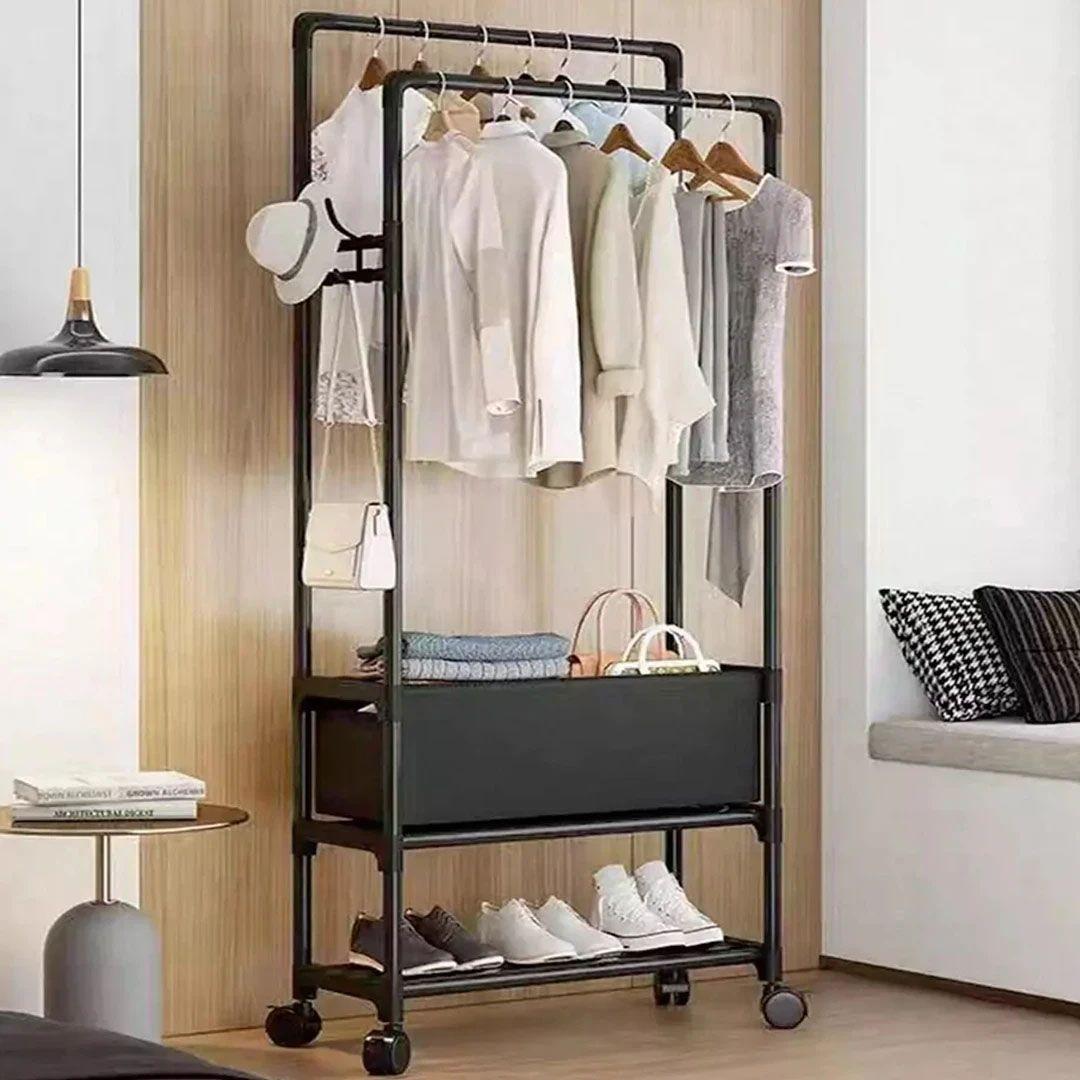 Double Metal Clothes Hanger with Rack and Storage Bag with Wheels for Easy Movement