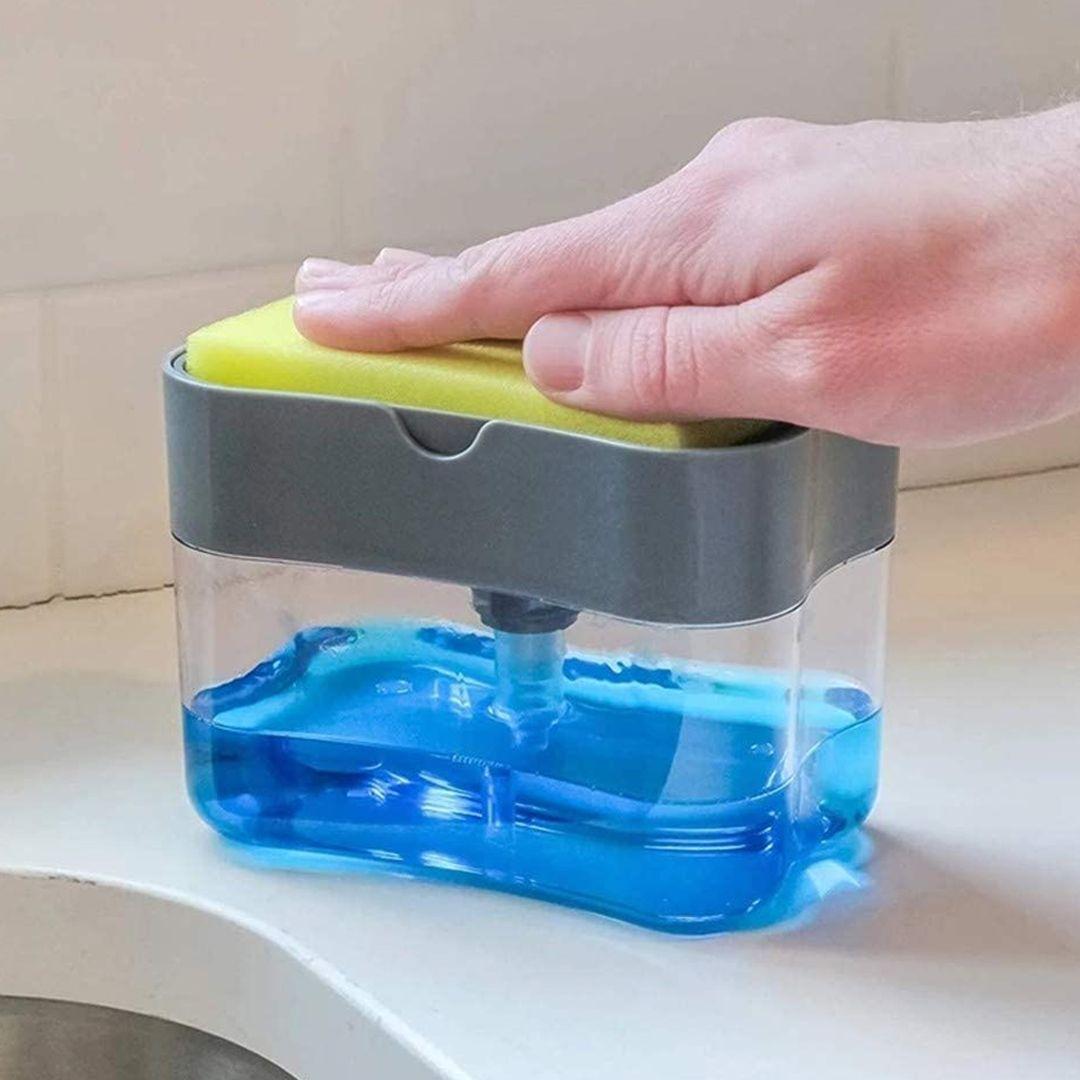2 in 1 Sponge Rack Shelf Soap Detergent Dispenser Pump, Large Capacity with Sponge