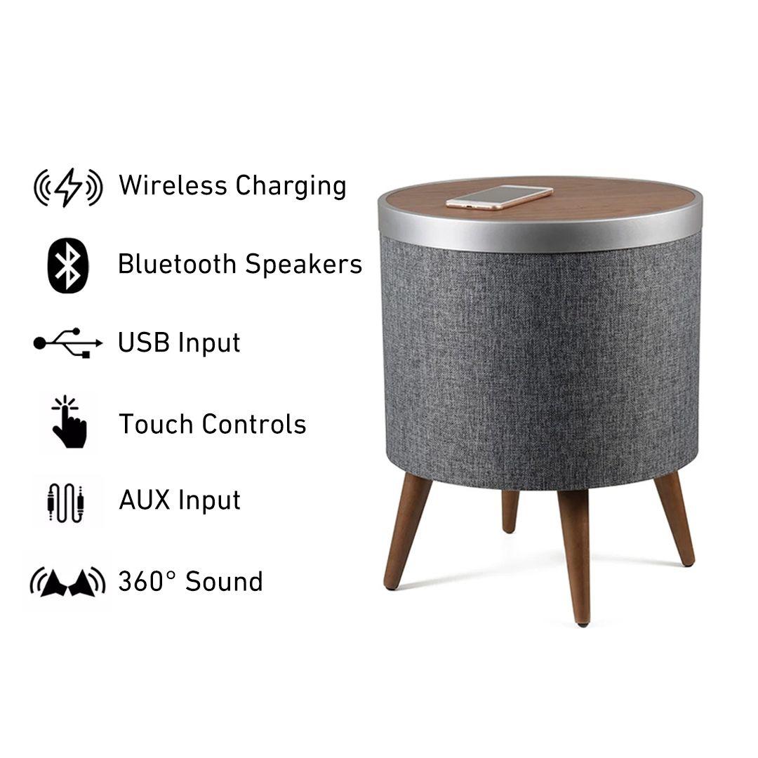 Smart Side Table with 360 Degree Bluetooth Speakers, Wireless Charging & USB
