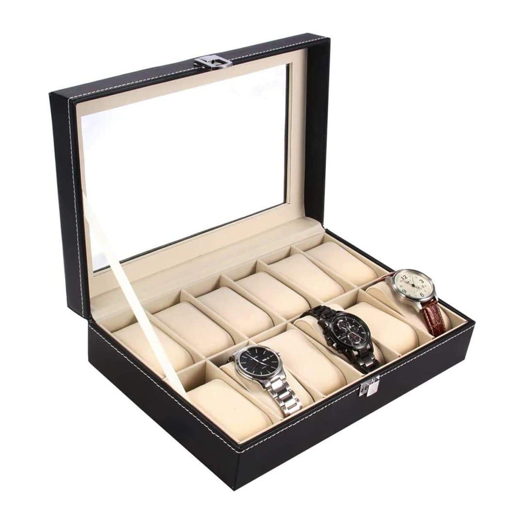 Leather Watch & Jewelry Organizer Box 12 Slot with Removable Velvet Cushions Unique Design