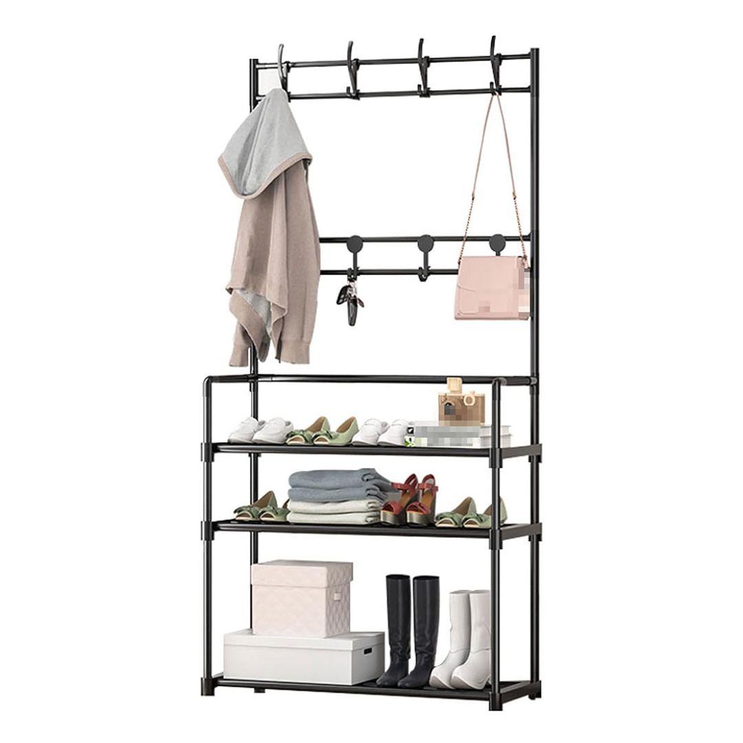 Multifunctional 3-Shelf Shoe Organizer Rack with 8 Hooks