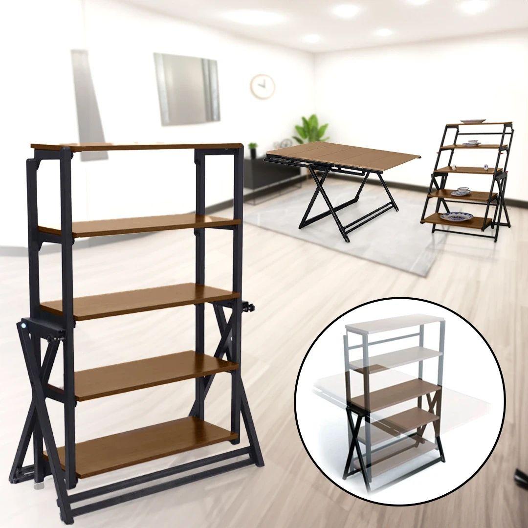 High-quality, foldable wooden table to convert into 5-tier storage shelves