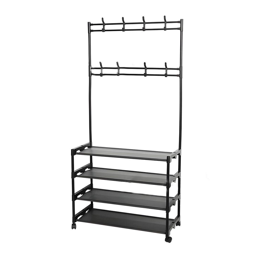 Clothes Organizer Stand with 4 Shoe Racks, 8 Hanging Hooks