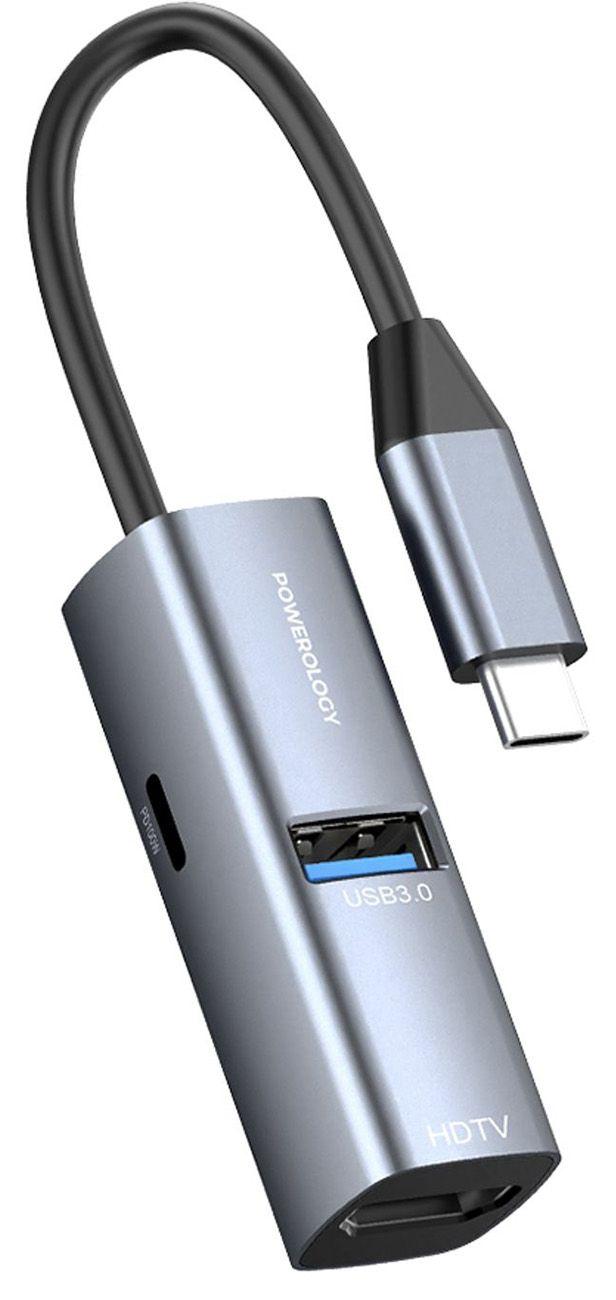 Powerology PWJT424BK Mini Aluminum USB-C Hub, with 100W Power Supply