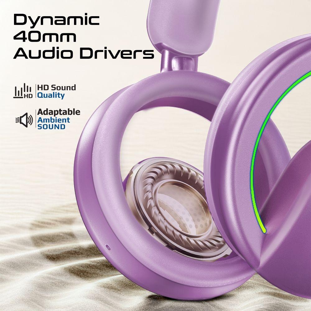 Promate Open-Ear Bluetooth Headphones with Detachable Microphone and RGB Lighting Modes - Purple