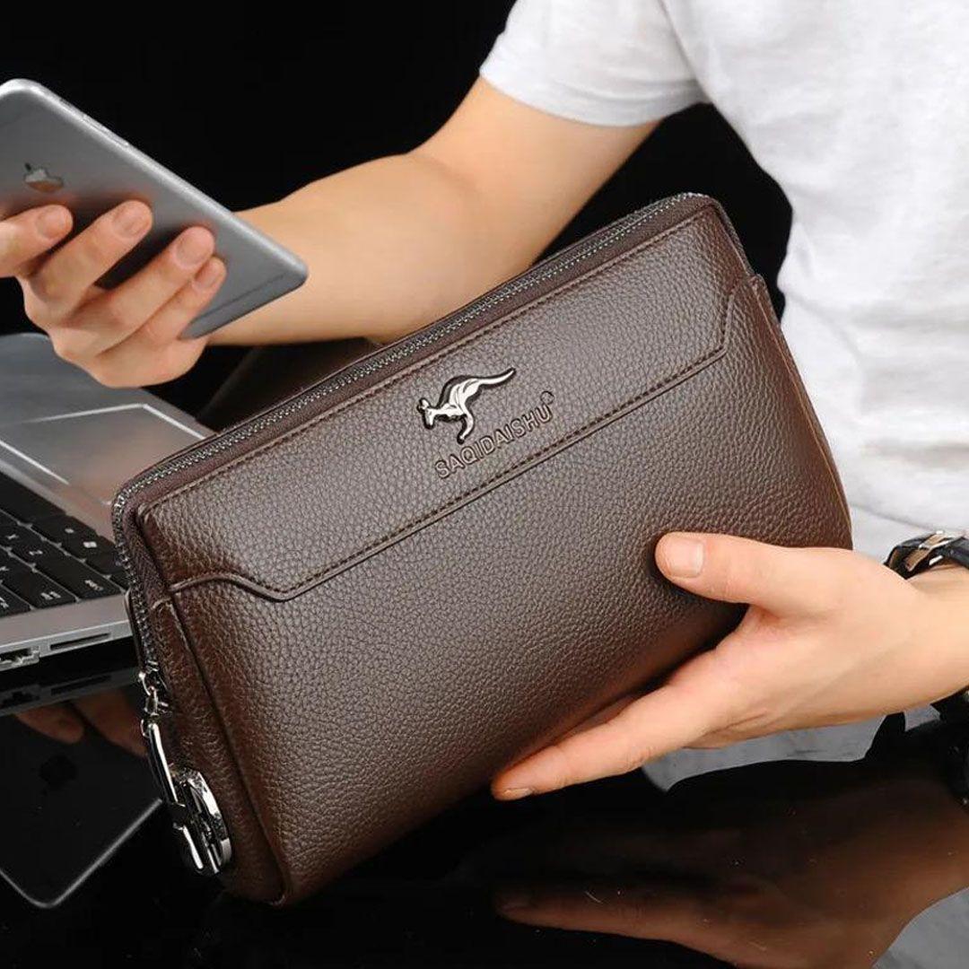 Leather Men Clutch Bag With Code Lock Wallet Wrist Bag