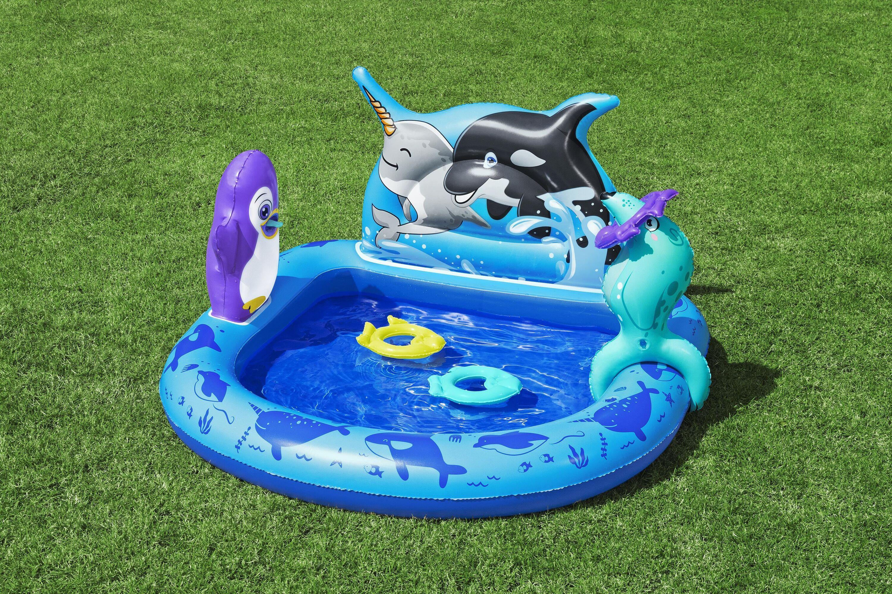 BESTWAY 53156 1.34M X 1.31M X 73CM POLAR PALS PLAY CENTER (1 play center, 3 fish rings, 2 EVA fish, repair patch,1 inflatable seal.) Age 2+