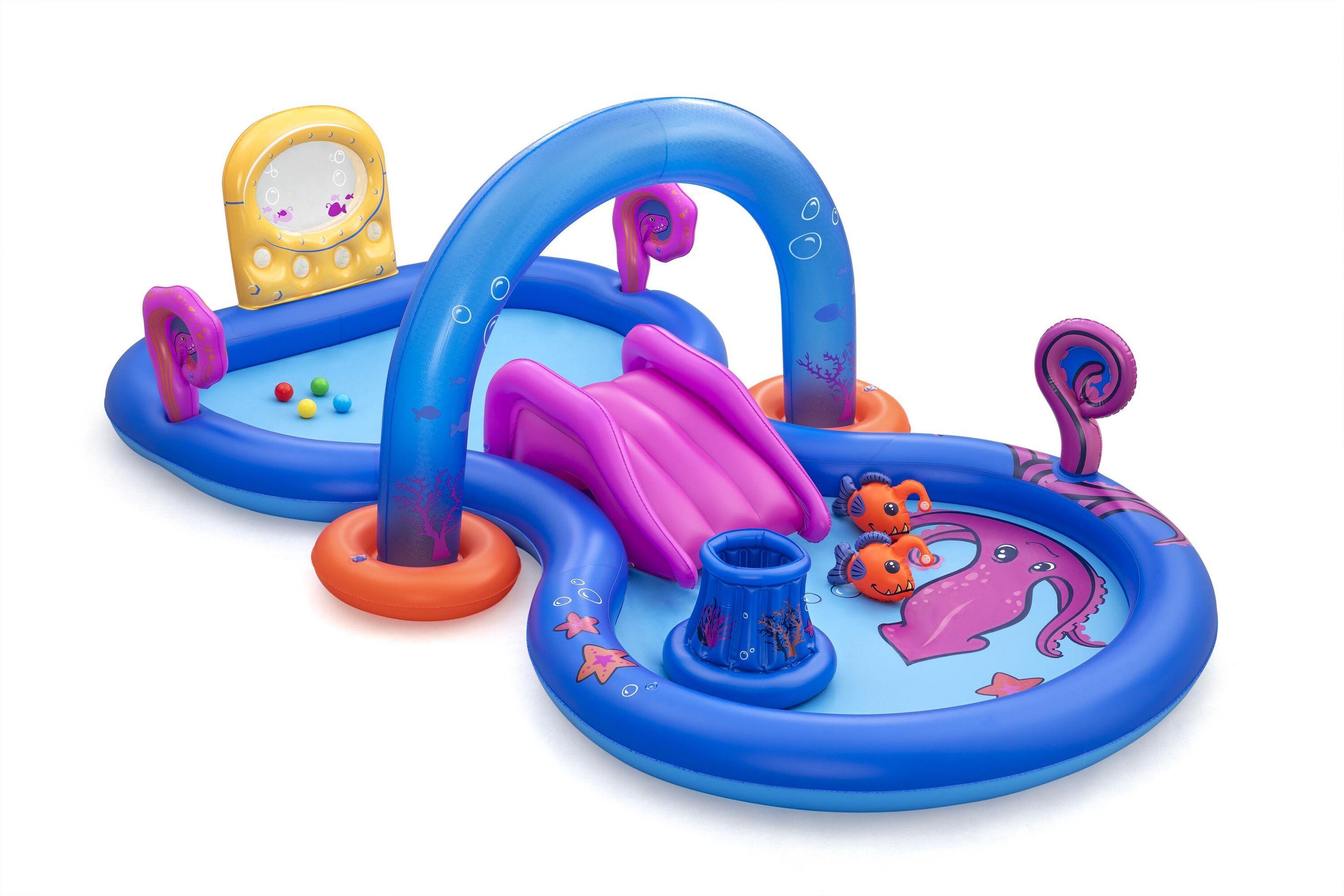 BESTWAY 53167 3.30m x 1.88m x 1.17m Sea Odyssey Play Center (1 pool,1 arch sprinkler,1 slide, 1 basket, 2 Puffy Pal fish, 2 rackets, 4 play balls, repair patch) Age 2+