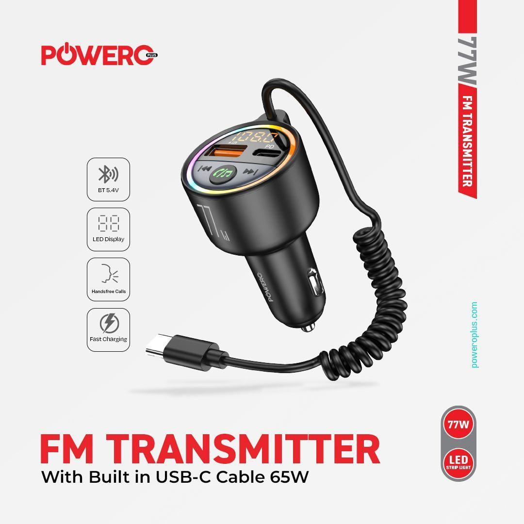 Powerology PR-FM77INTT-BK 77W FM Transmitter with Built-in USB-C Cable