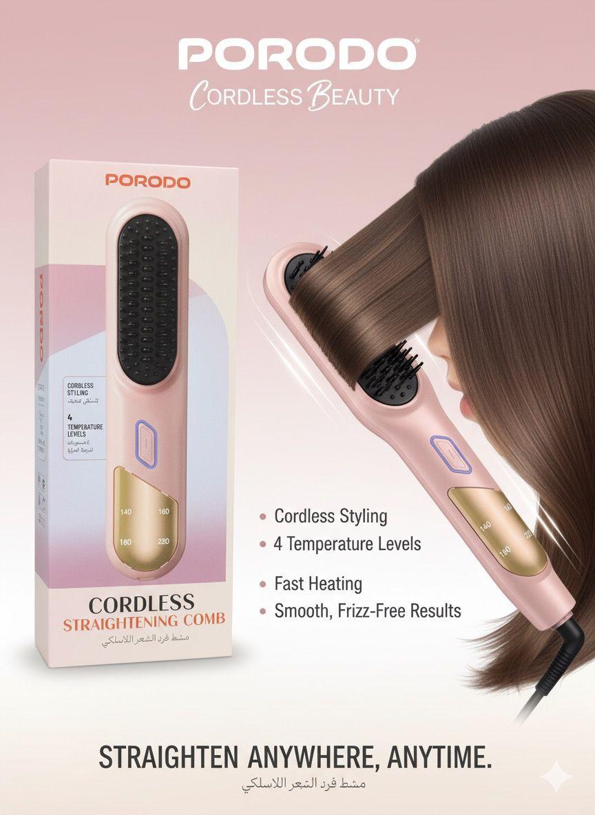 Porodo Cordless Straightening Comb – Fast Heating, Smooth Styling, Anytime & Anywhere
