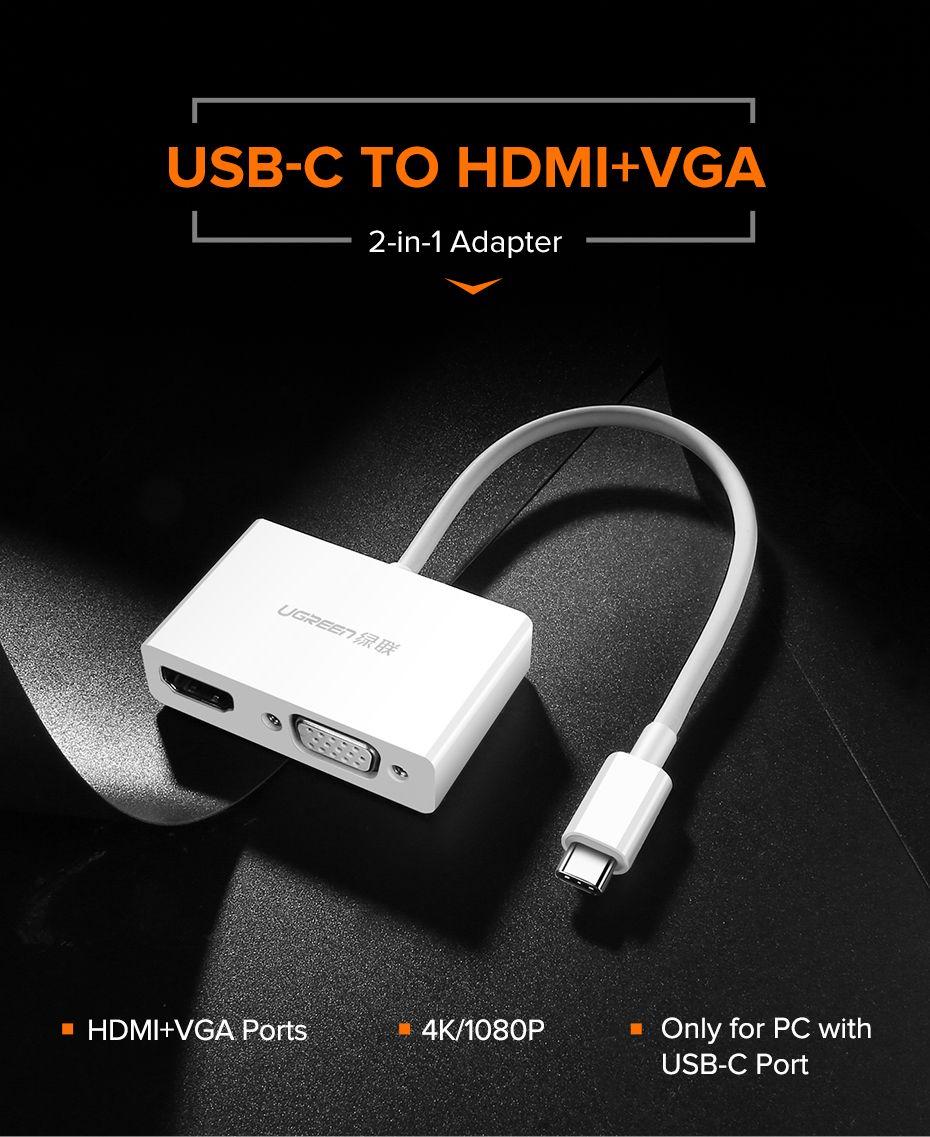 UGREEN USB Type C To HDMI + VGA Converter, 15cm - White