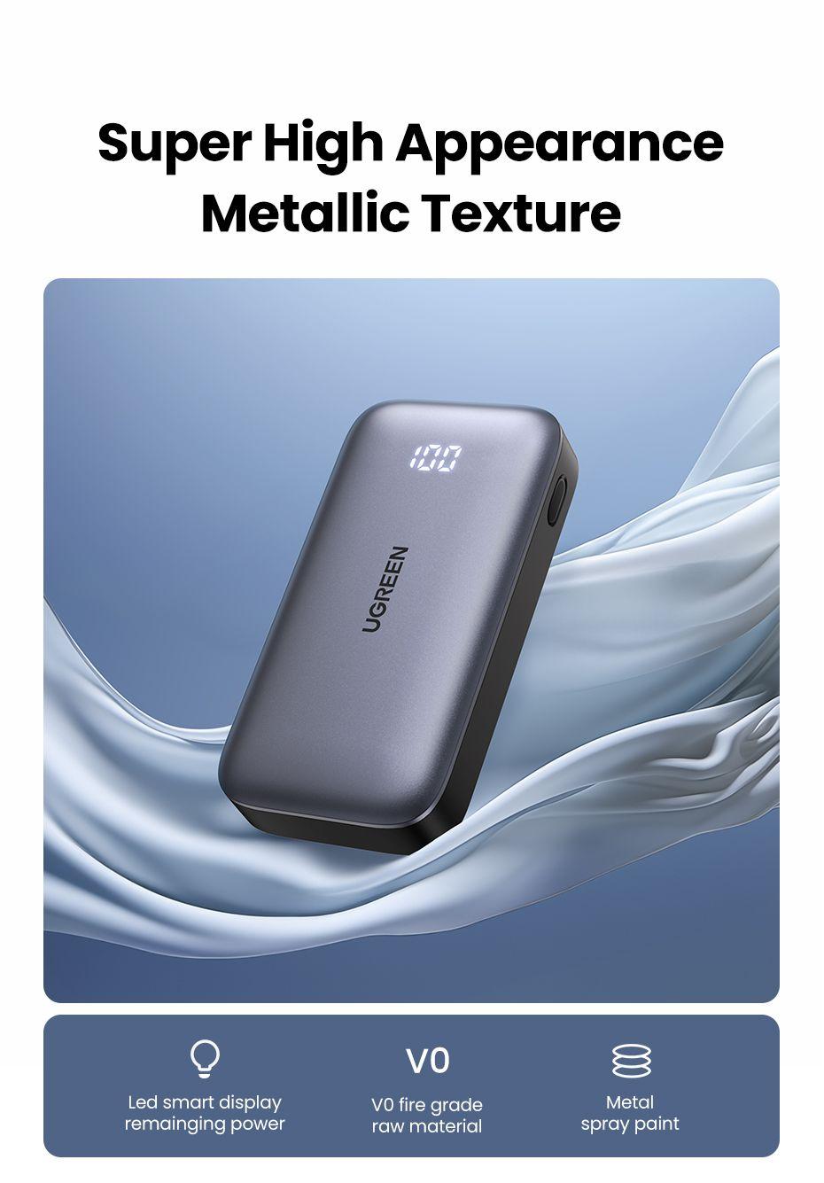 UGREEN 30W 10000mAh Power Bank – Fast USB-C Portable Charger with 0.5m Cable, Digital Display