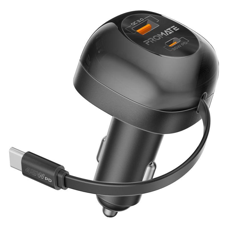 PowerDrive RC65 – 62W Multi‑Port Car Charger with Retractable USB‑C Cable