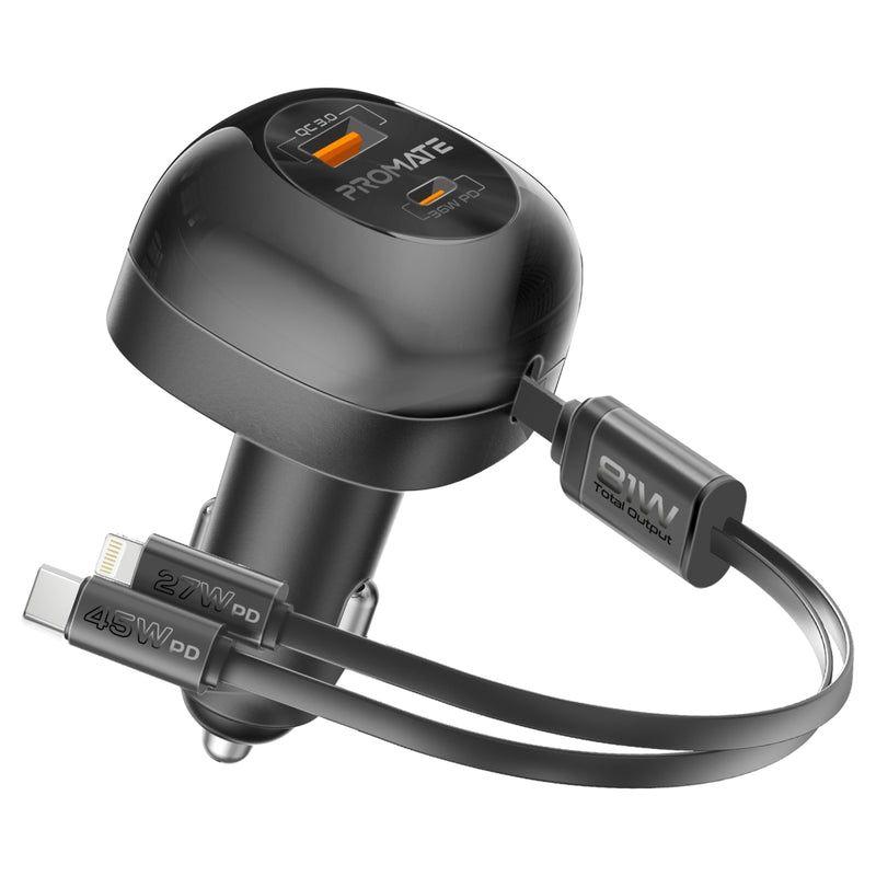 PowerDrive‑RCi81 – 81W Multi‑Port Car Charger with Retractable USB‑C & Lightning Cables