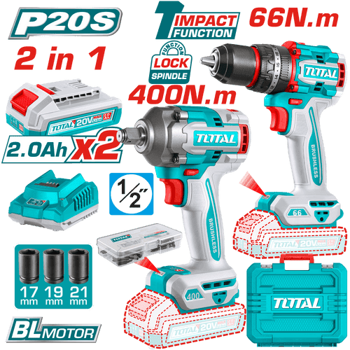 Total 20V Cordless Drill Kit TCKLI20275 – Drill + Impact Wrench with 2 Batteries & 47‑Piece Accessory Set