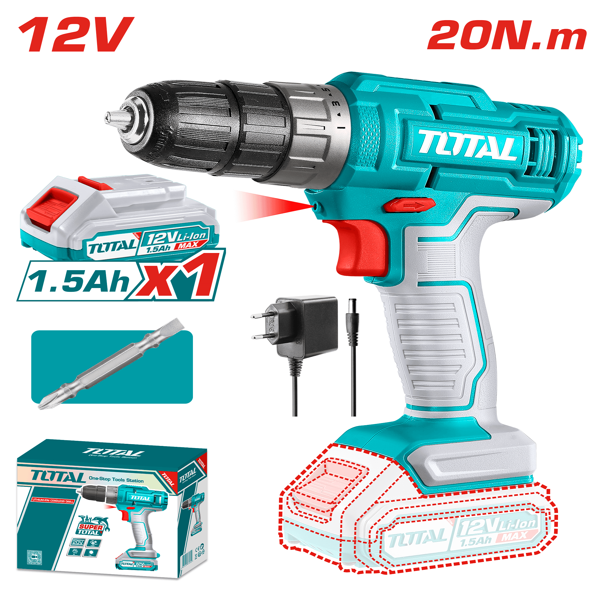 Total 12V Cordless Drill TDLI1218 with Battery — Lightweight and Efficient for Home & Workshop