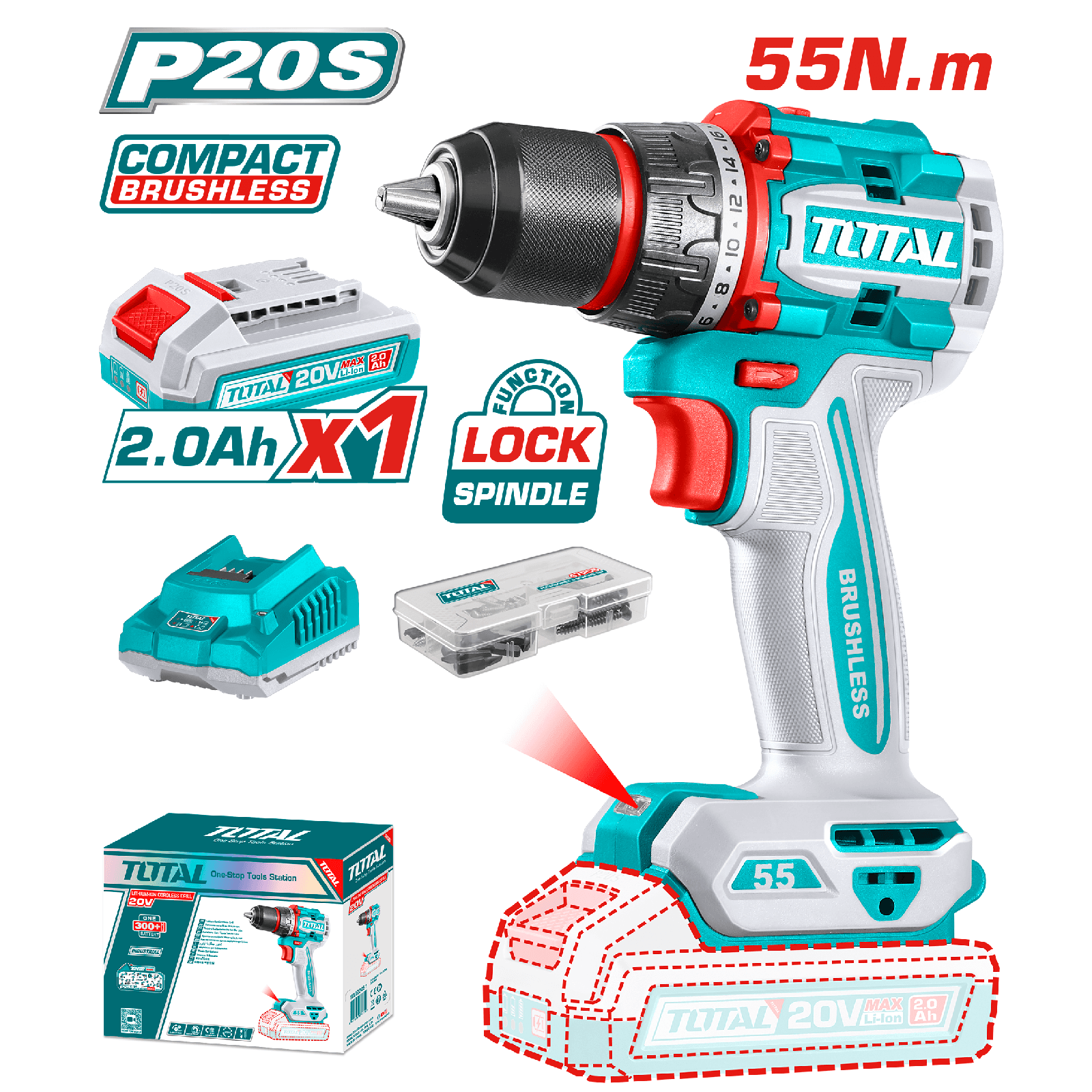 TOTAL 20V Cordless Drill – Model TDLI205582: Professional Power and Performance