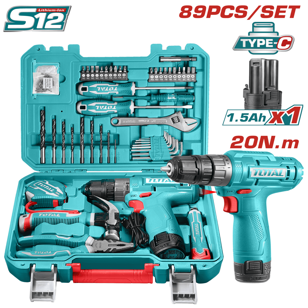 Total 12V Cordless Drill + 89-Piece Tool Set – Model THKTHP10892
