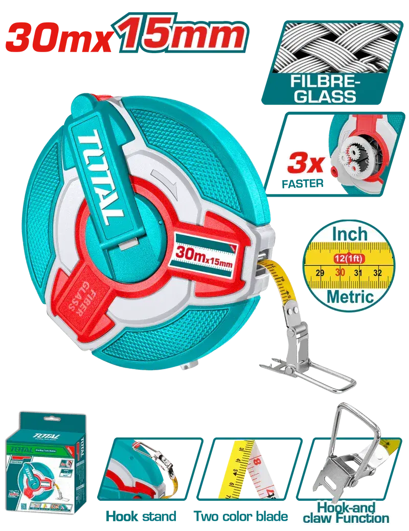 TOTAL TMTF18306 Fiberglass Tape Measure – 30 m Professional Measuring Tool