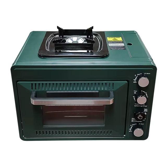 Outdoor Oven, 2-in-1 Portable Gas Camping Stove Oven Combo, Adjustable Fire, 60-Minute Timer, Windproof, with Grill Shelf 