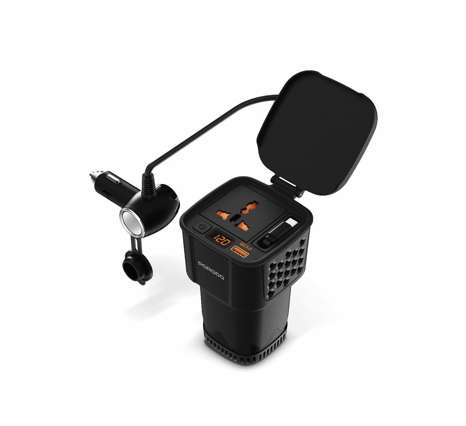 Porodo PDCI103BK DriveStation 200W Car Power Inverter with Real-Time Voltage Display