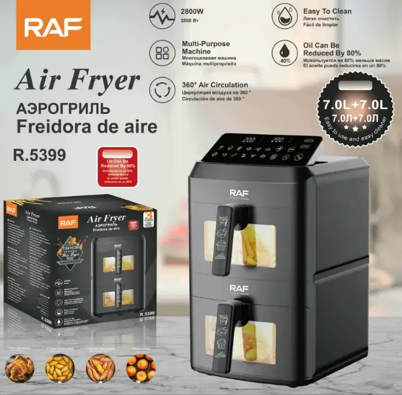 RAF R.5399 Dual Basket Digital Air Fryer 7L+7L 2800W with LED Display, 360° Hot Air Circulation