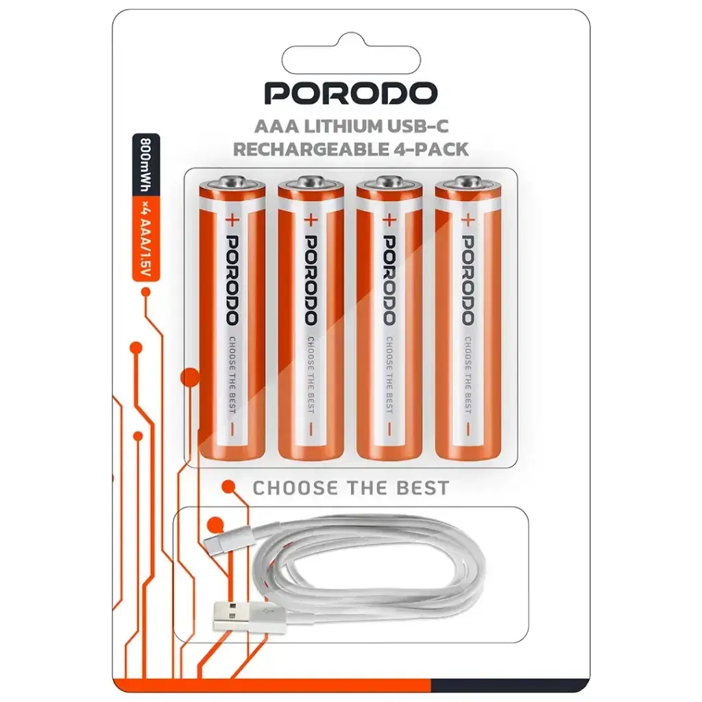 Porodo AAA Lithium USB-C Rechargeable 4-Pack - PDAAA8RB