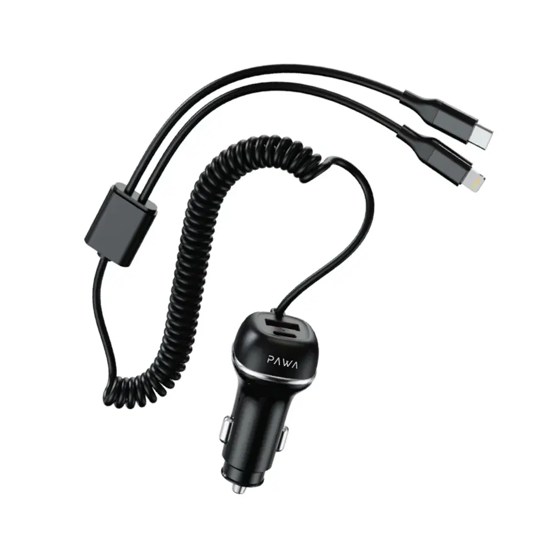 Pawa PW-CC68INTT-BK Solid Car Charger Dual Port Pd+Qc With Usb-C And Lightning Built-In Cable 68W
