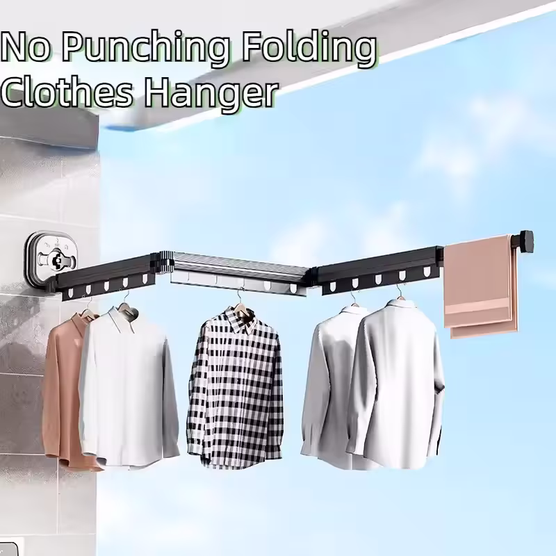 Foldable Clothes Hanger Without Drilling, Retractable Aluminum Drying Rack with Suction Cups